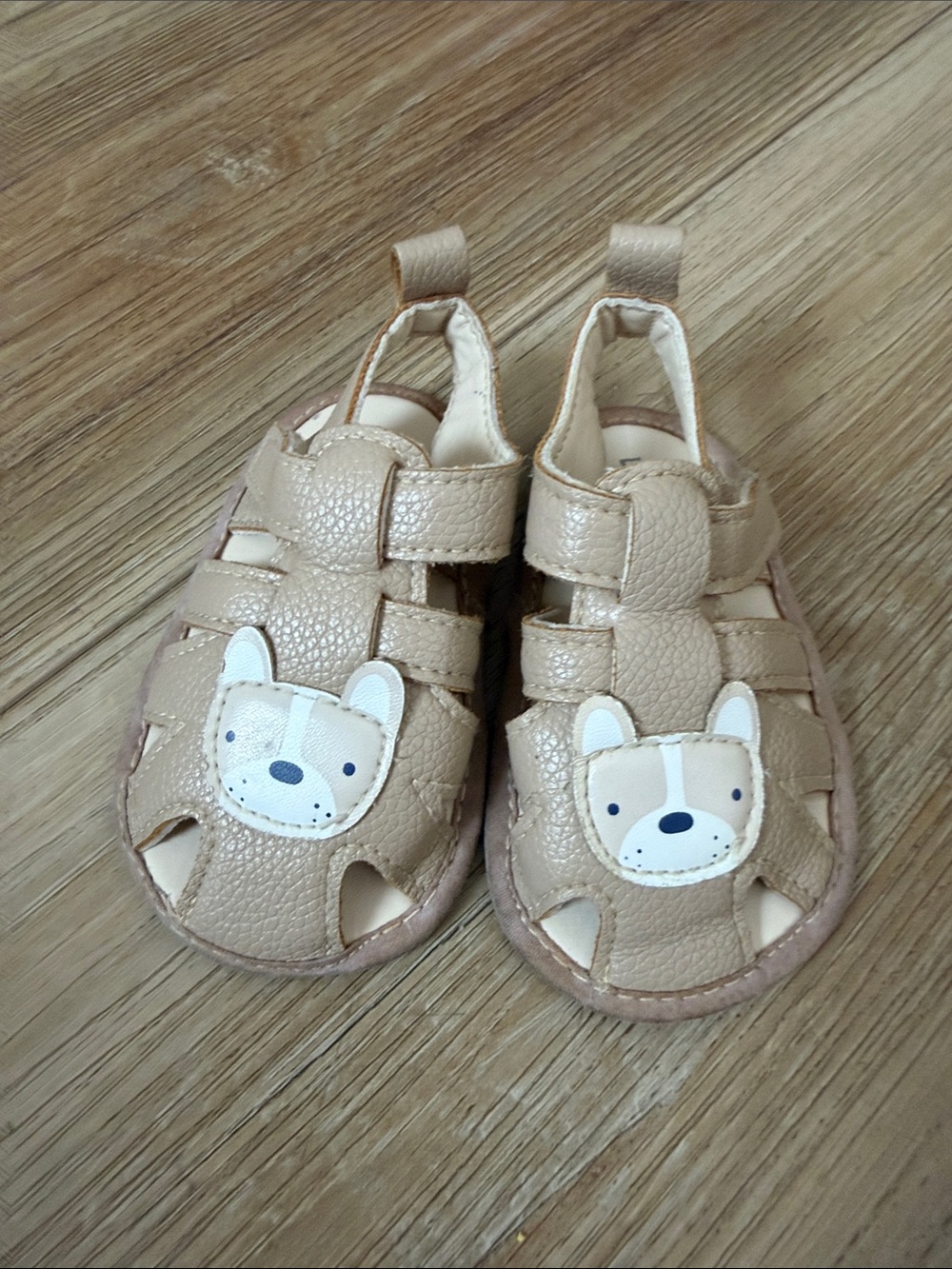 Little Me Beige/Tan Bear Appliqué Fisherman Sandals